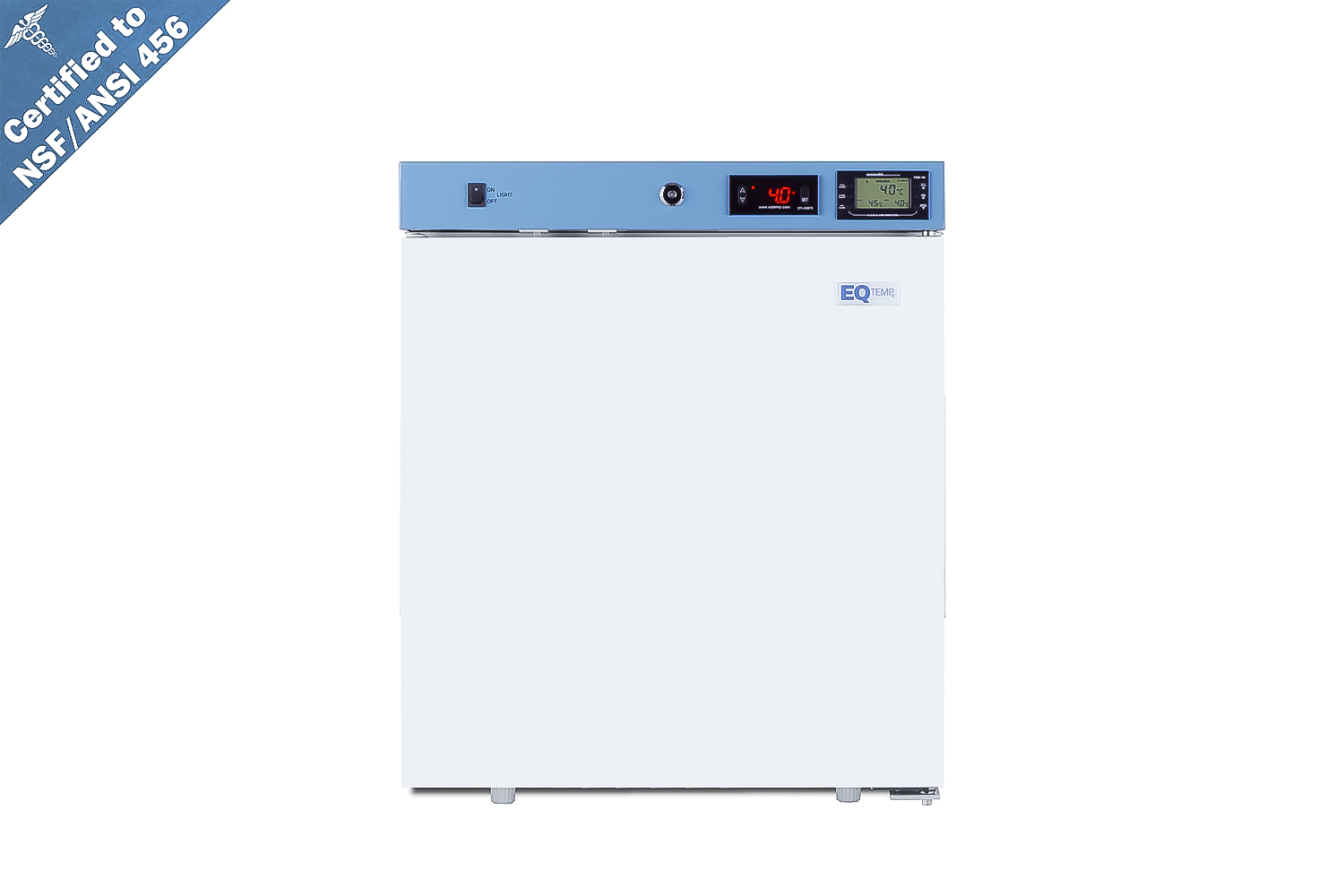 Compact healthcare all-refrigerator certified to NSF/ANSI 456 with self-closing solid door, front lock, digital controls, and NIST-calibrated temperature readout